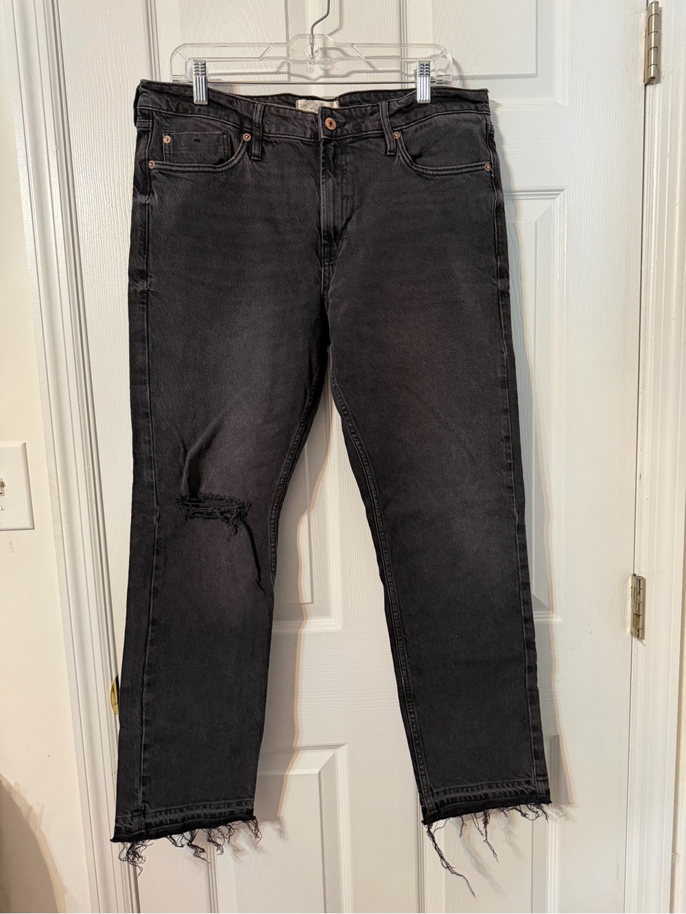 Free People Men's Black Slim Straight Jeans with Distressed Knee
